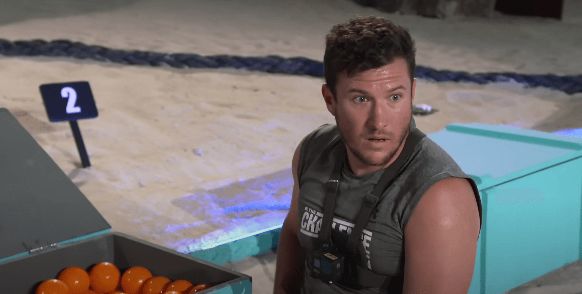 'The Challenge' Season 39 mercenary Devin Walker sweating during an elimination