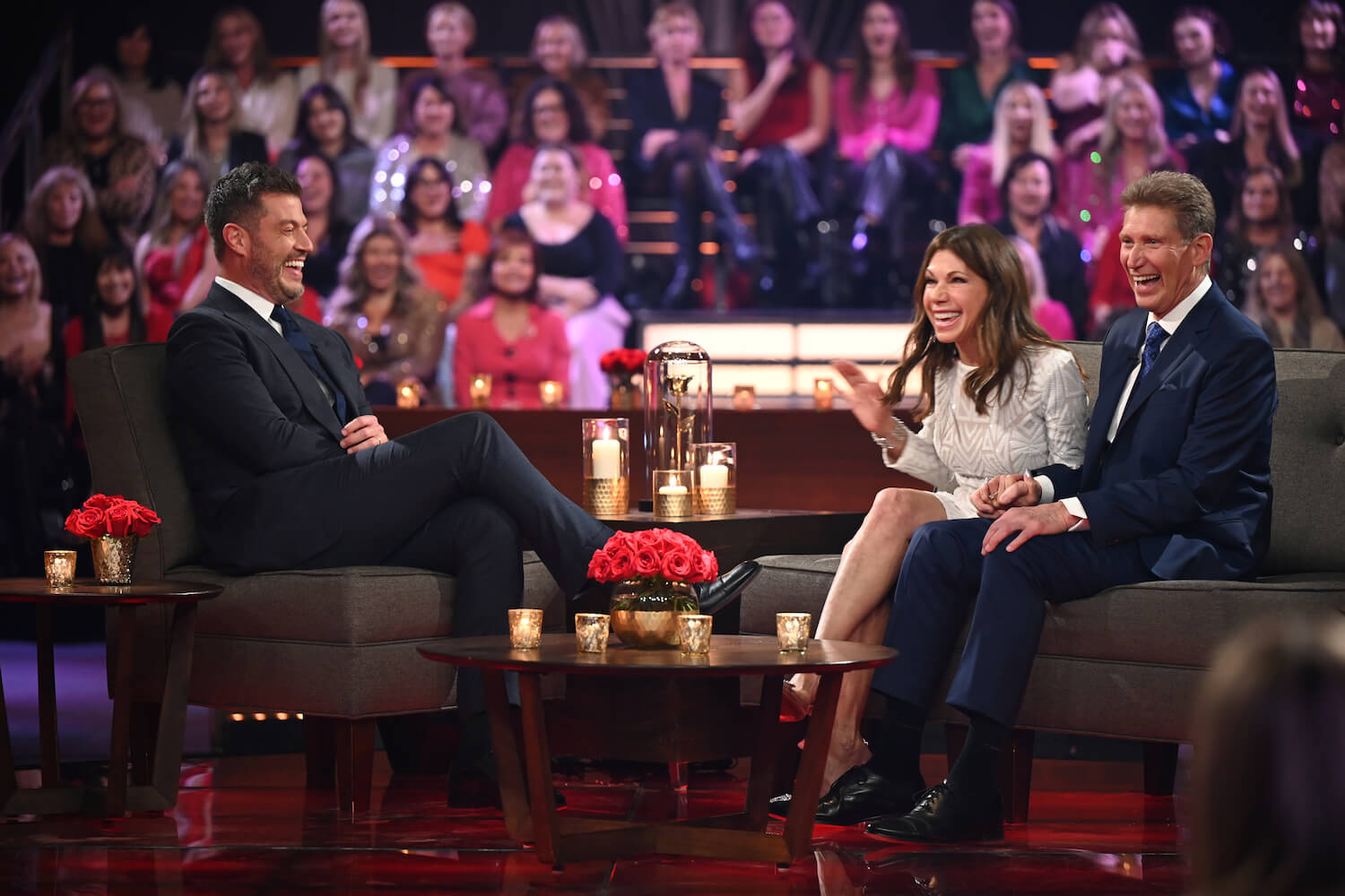 'The Golden Bachelor' stars Theresa Nist and Gerry Turner sitting next to each other across from Jesse Palmer during the After the Final Rose