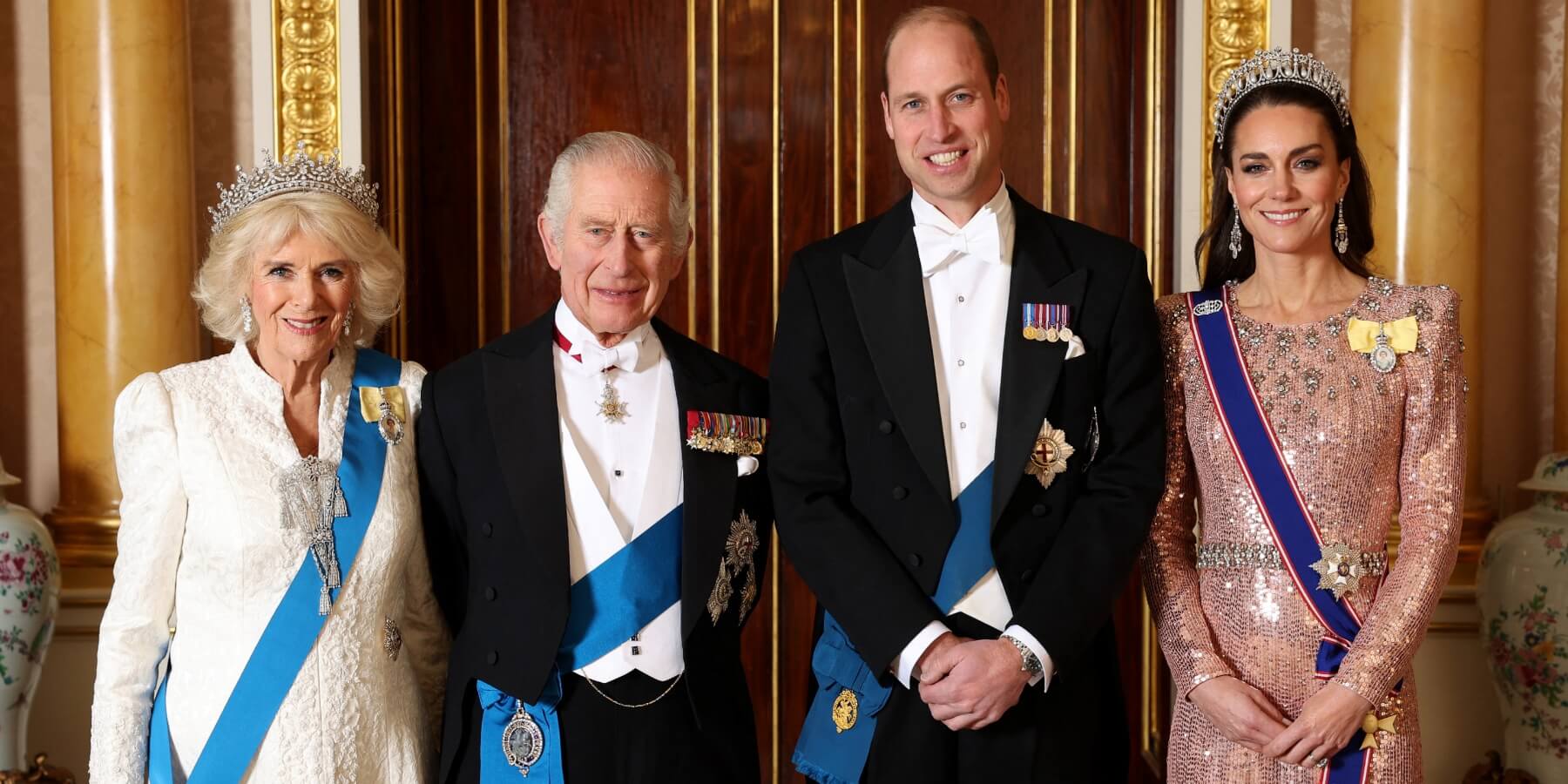 Camilla Parker Bowles, King Charles, Prince William and Kate Middleton pose during a reception for members of the Diplomatic Corps at Buckingham Palace, in London, on December 5, 2023.