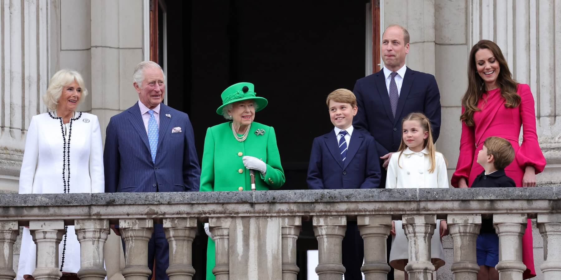 Camilla Parker Bowles, King Charles, Queen Elizabeth, Prince William, Kate Middleton, Prince George, Princess Charlotte and Prince Louis photographed in 2022 at the the queen's Platinum Jubilee event.