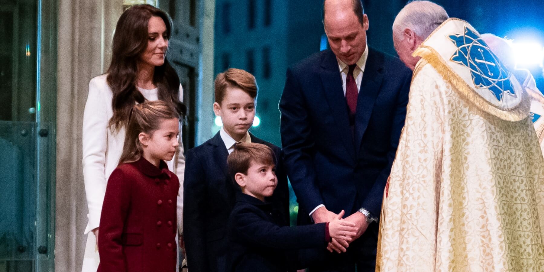 Kate Middleton, Prince William, Prince George, Princess Charlotte and Prince Louis at the Together At Christmas service at Westminster Abbey on December 8, 2023 in London, England.