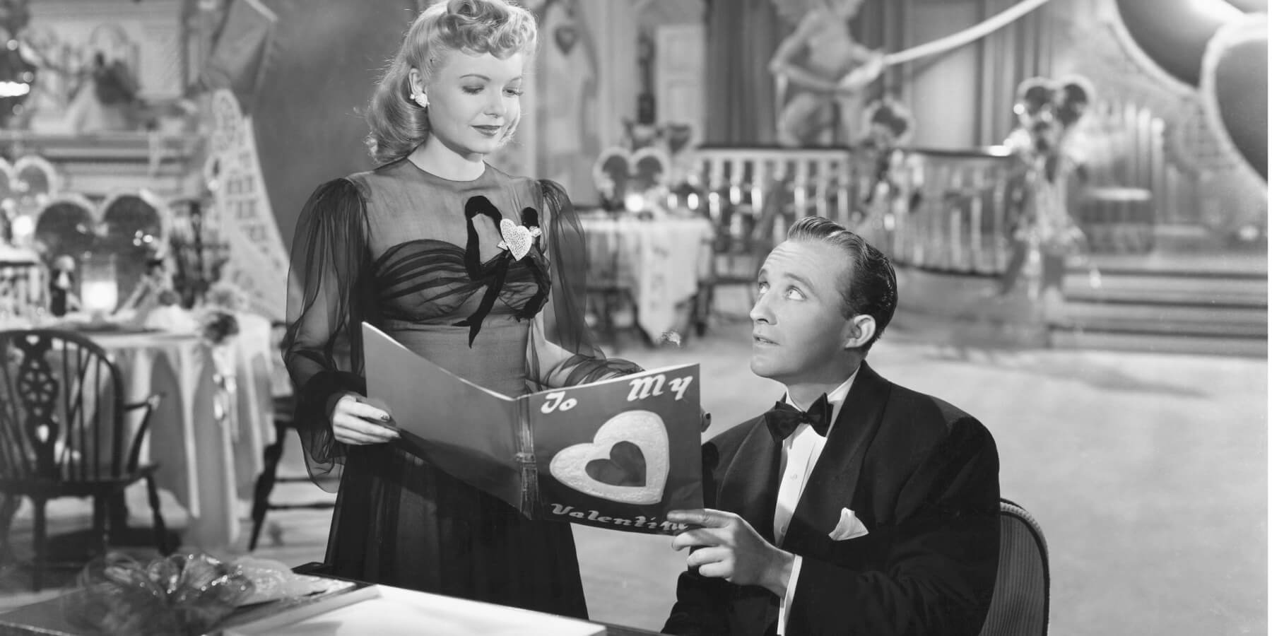 Marjorie Reynolds and Bing Crosby in the feature film 'Holiday Inn' featuring the song 'White Christmas.'