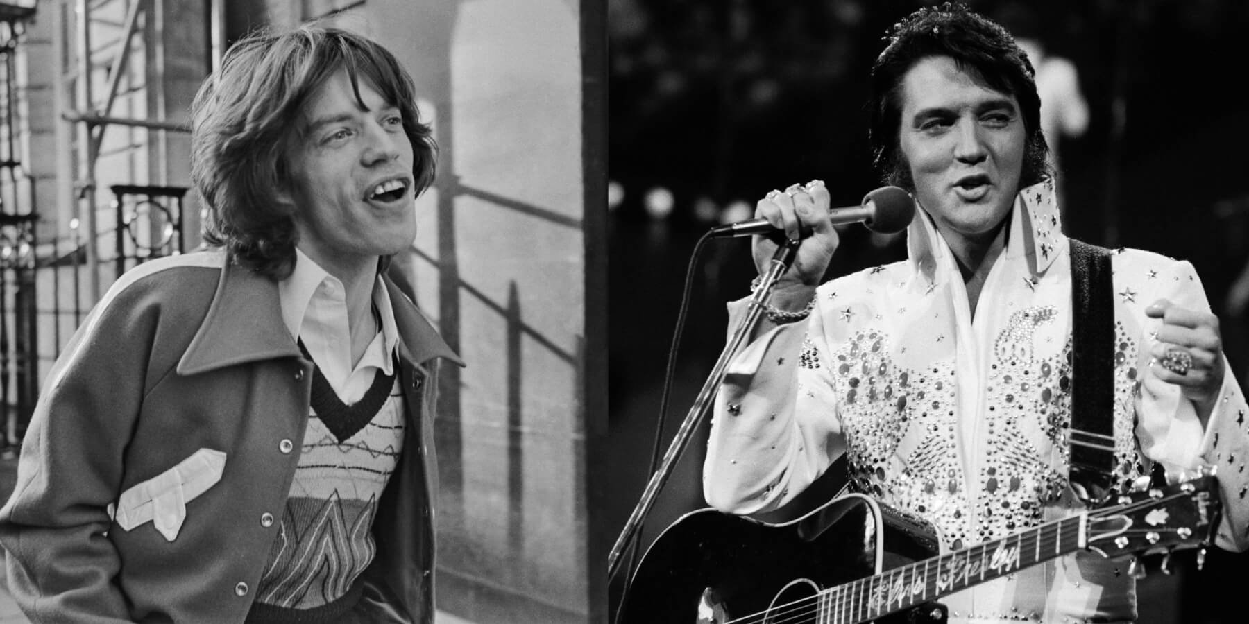 Mick Jagger and Elvis Presley in side by side photographs taken in 1974.