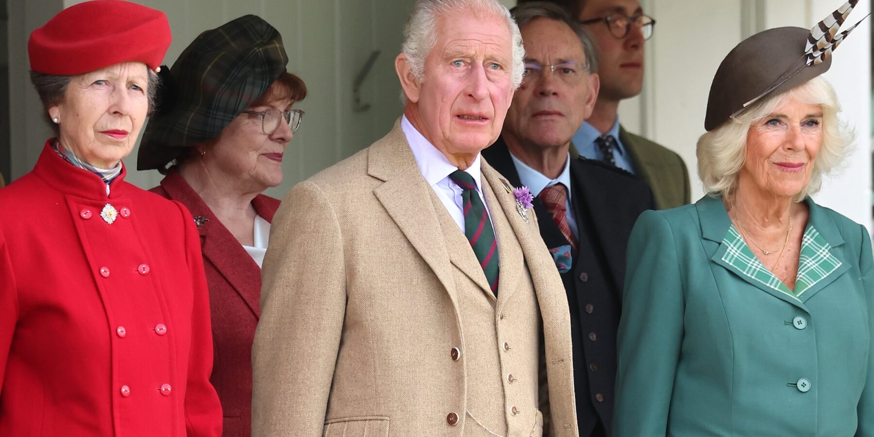 Princess Anne, King Charles and Camilla Parker Bowles pose together on Sept. 02, 2023 in Braemar, Scotland.
