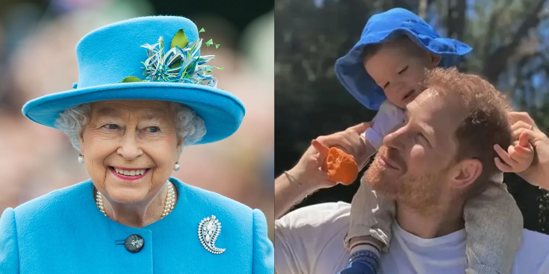 Queen Elizabeth, Prince Harry and Prince Archie in side-by-side photographs.