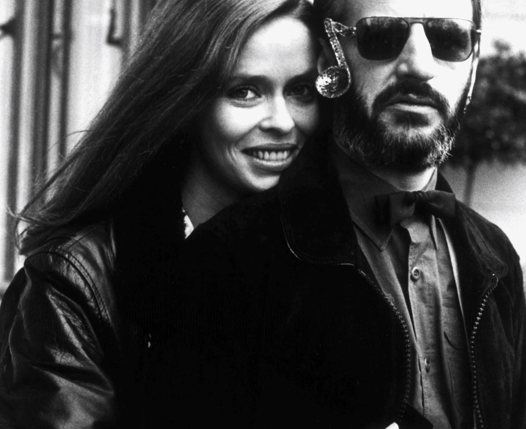 Ringo Starr and his wife, Barbara Bach, in black-and-white