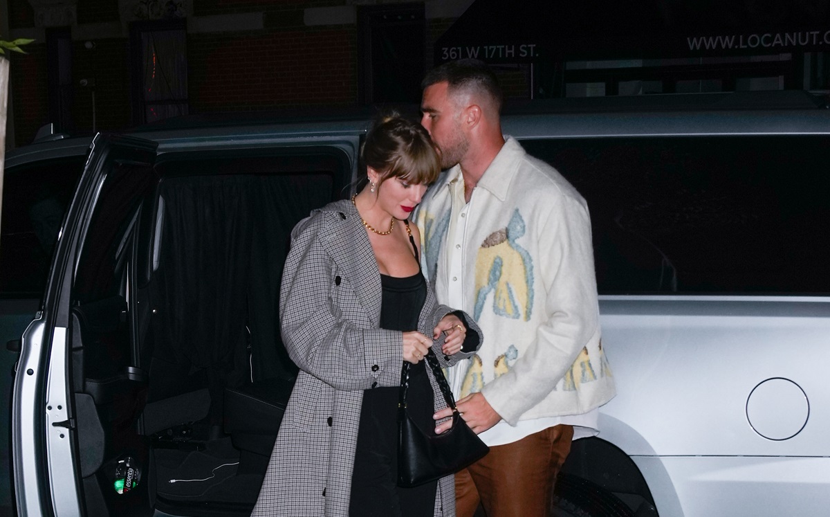 Travis Kelce and Taylor Swift arrive at SNL Afterparty on October 15, 2023 in New York City