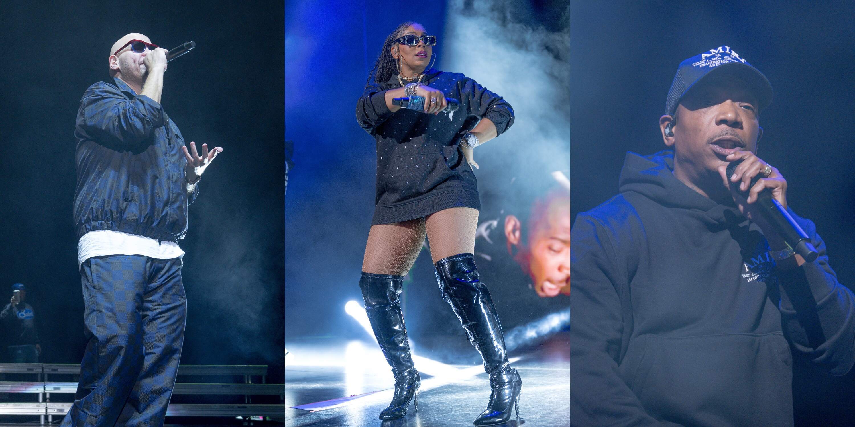 Side by side photos of Fat Joe rapping, Ashanti dancing, and Ja Rule rapping