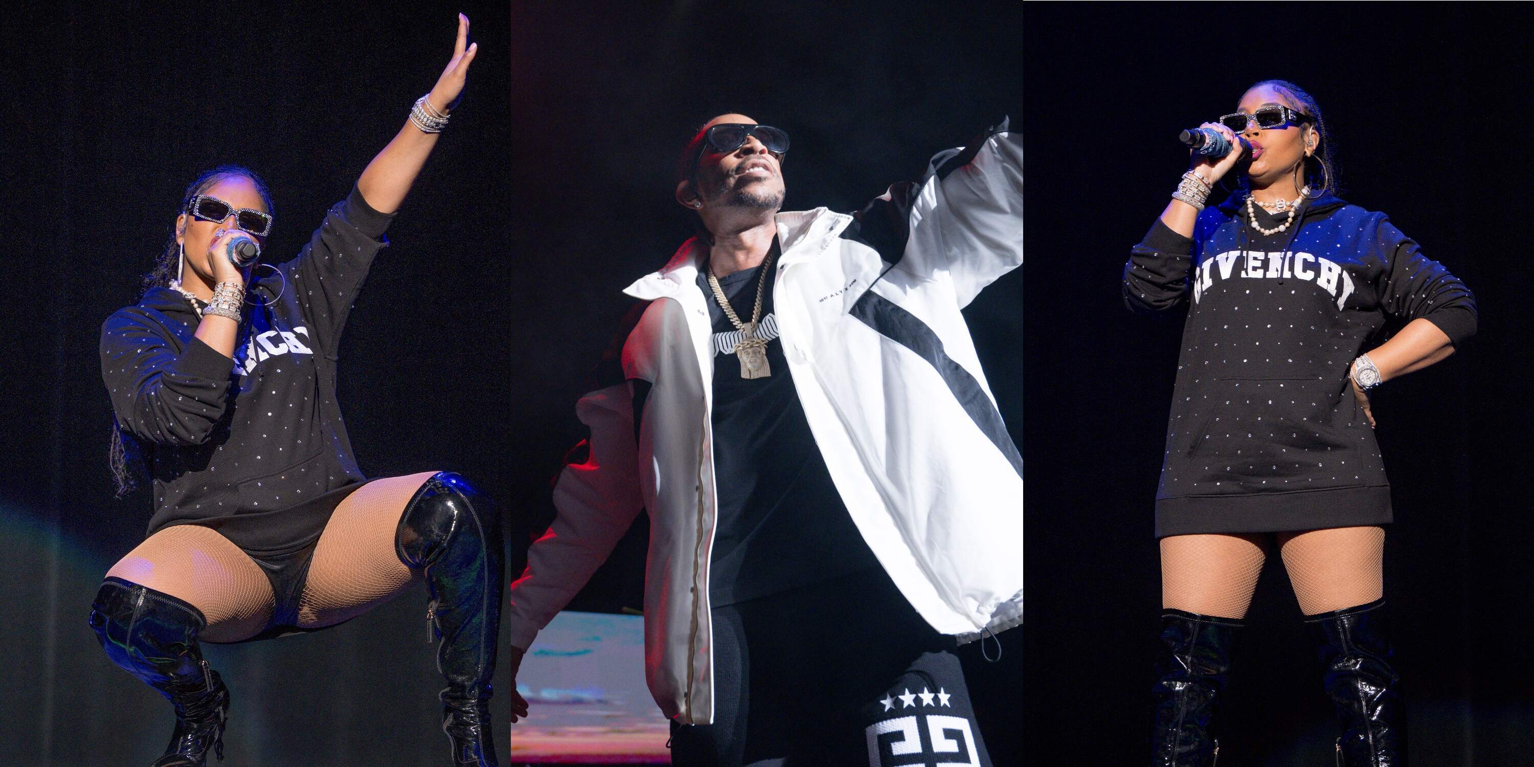 Side by side photos of Ashanti squatting, Ludacris rapping, and Ashanti singing into the mic