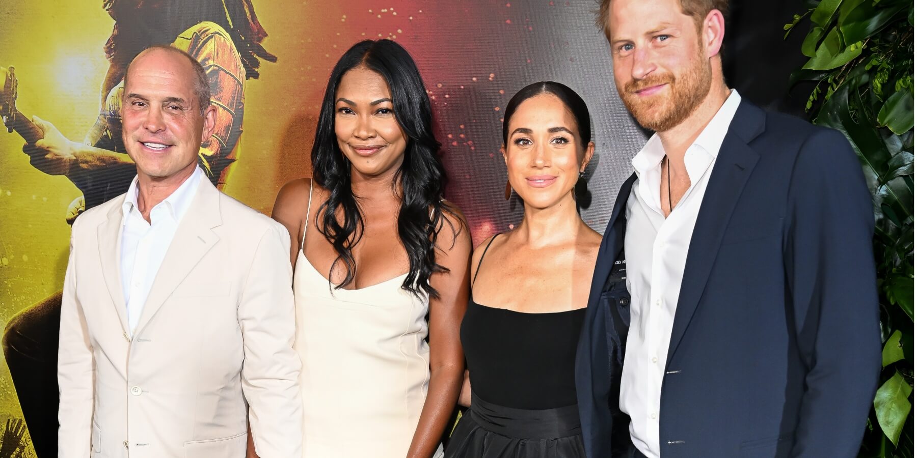 Brian Robbins, Tracy James, Meghan Markle and Prince Harry on the red carpet premiere of the Bob Marley film 'One Love.'