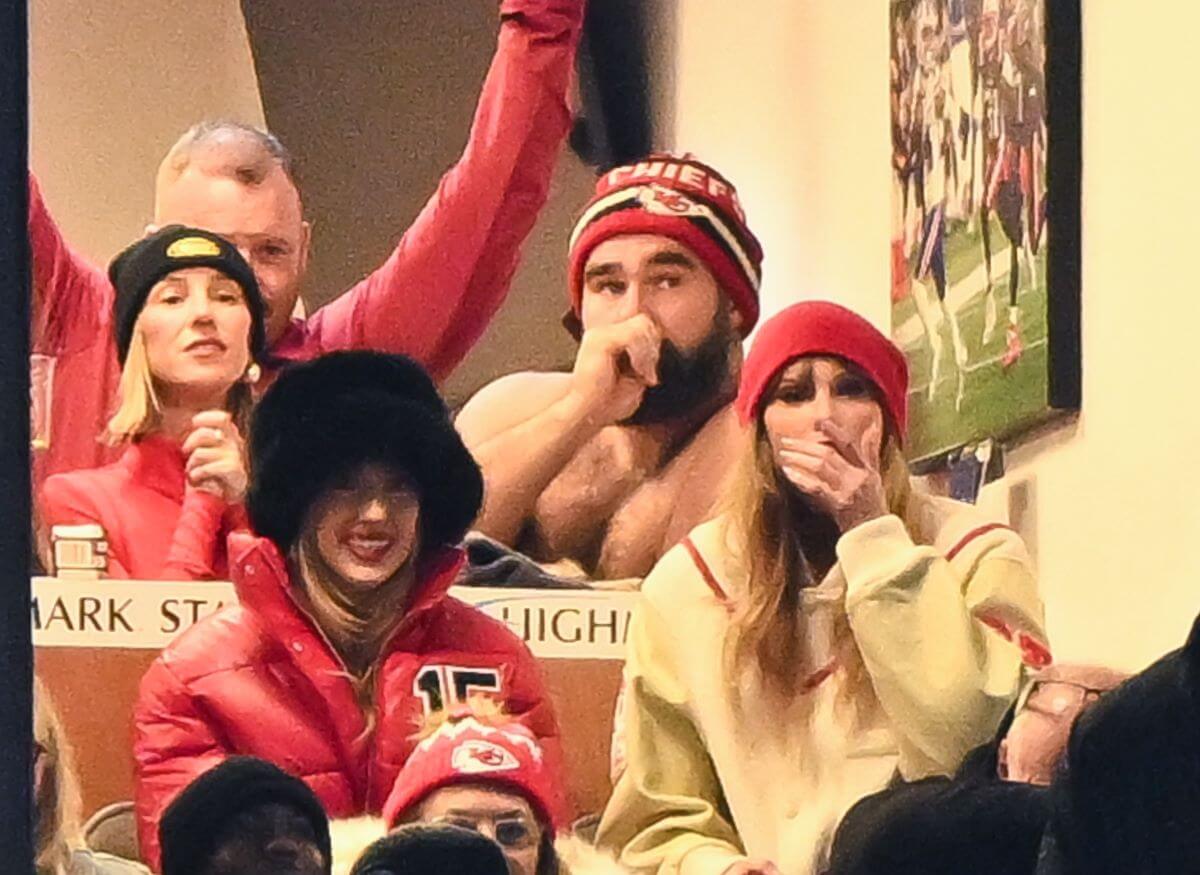 Brittany Mahomes, Jason Kelce, and Taylor Swift react during the second half of the AFC Divisional Playoff game between the Kansas City Chiefs and the Buffalo Bills