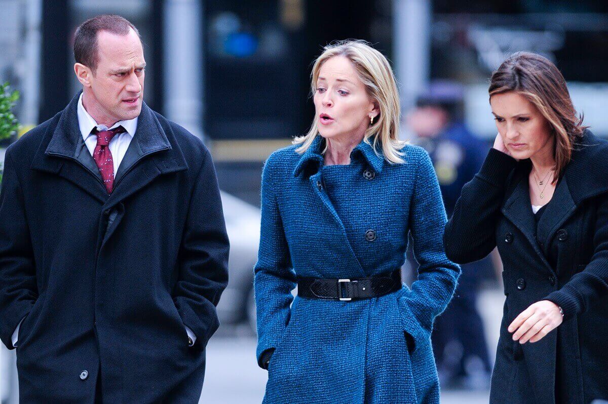 Chris Meloni, Sharon Stone, and Mariska Hargitay film scene at the "Law & Order: Special Victims Unit'.