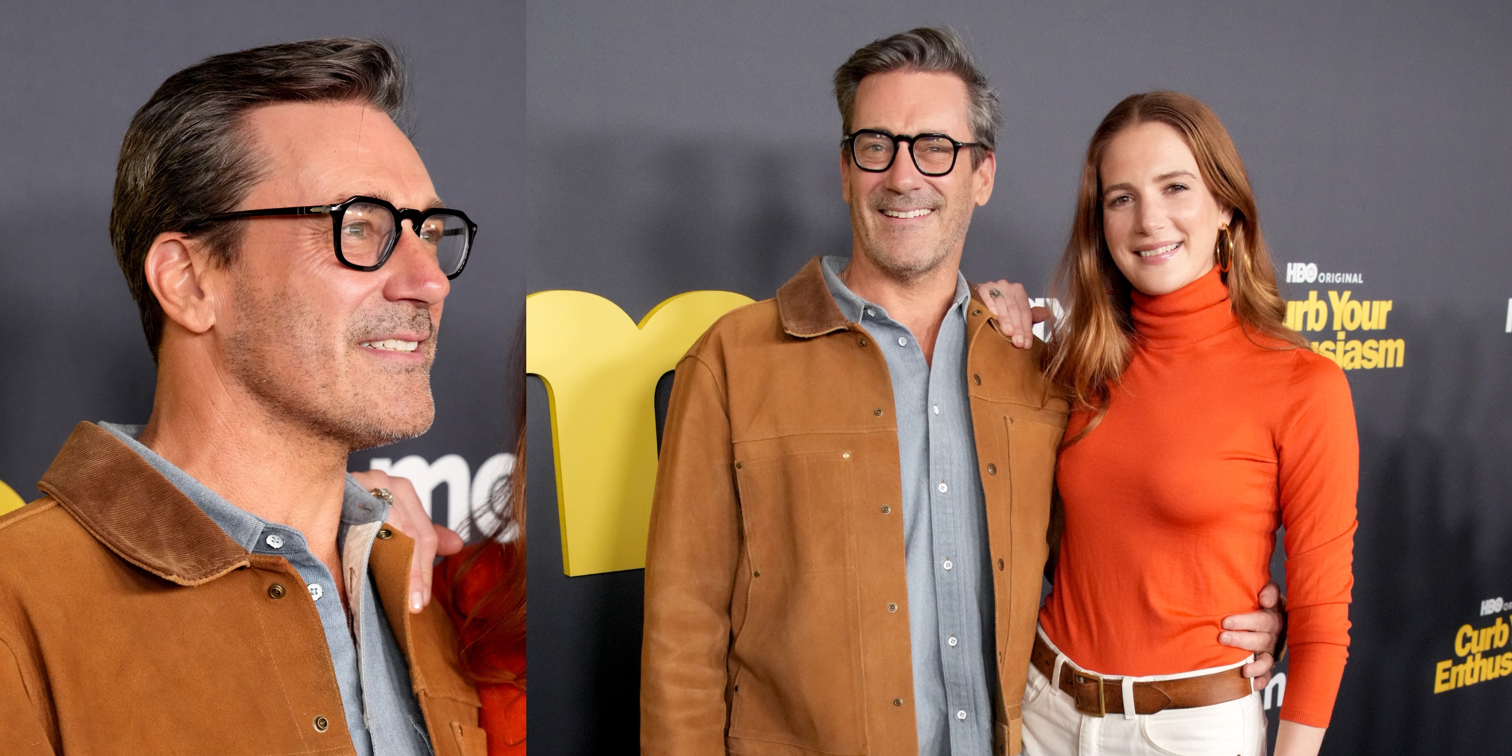 Actor Jon Hamm and wife Anna Osceola, wearing an orange turtleneck, smile at the Curb Your Enthusiasm Season 12 premiere