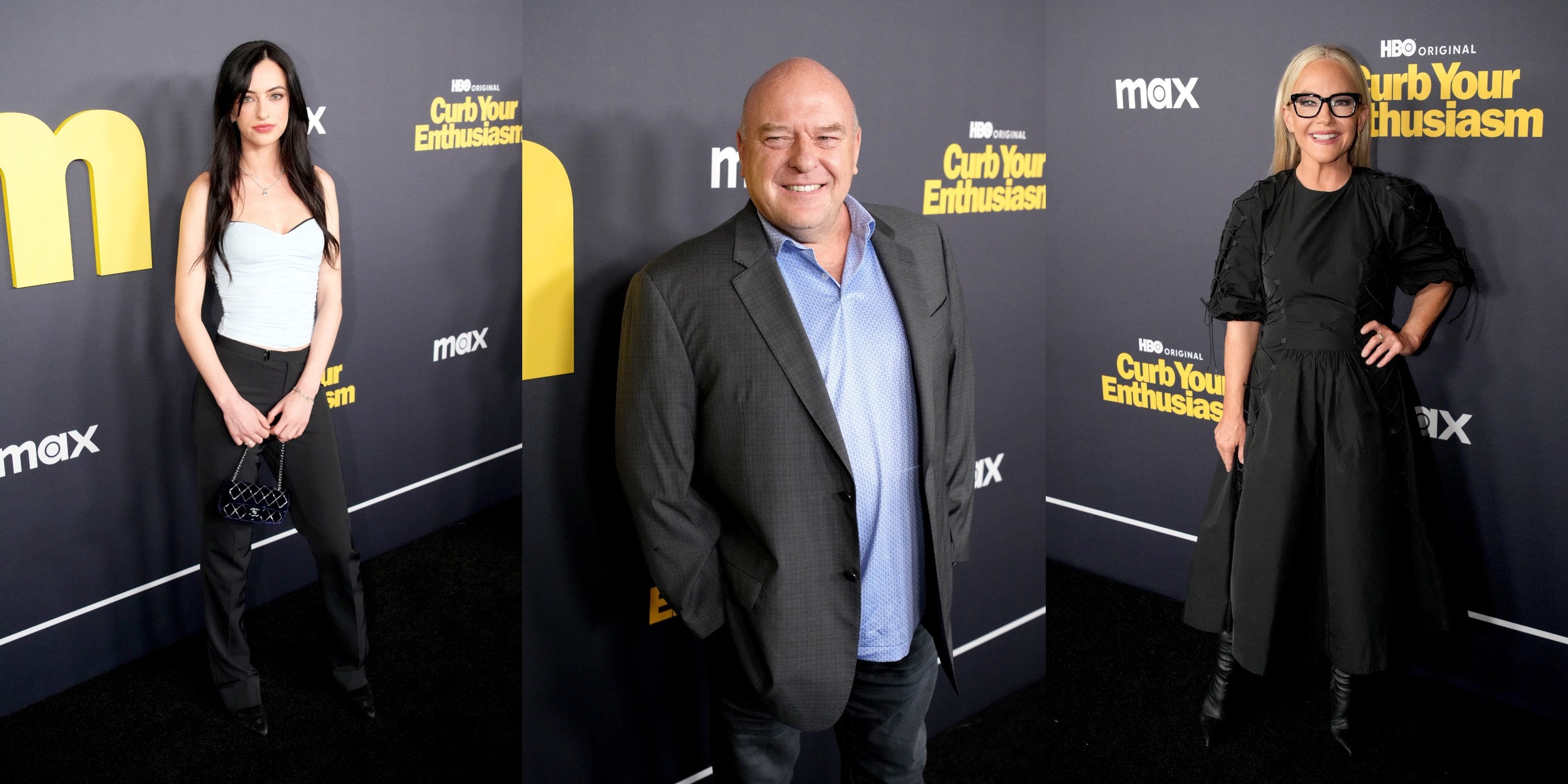 Cazzie David, Dean Norris, and Rachael Harris smile at the Curb Your Enthusiasm Season 12 premiere