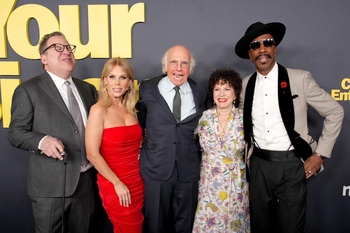 Jeff Garlin, Cheryl Hines, Larry David, Susie Essman, and J.B. Smoove gather together and smile for cameras on the red carpet of the Curb Your Enthusiasm Season 12 premiere