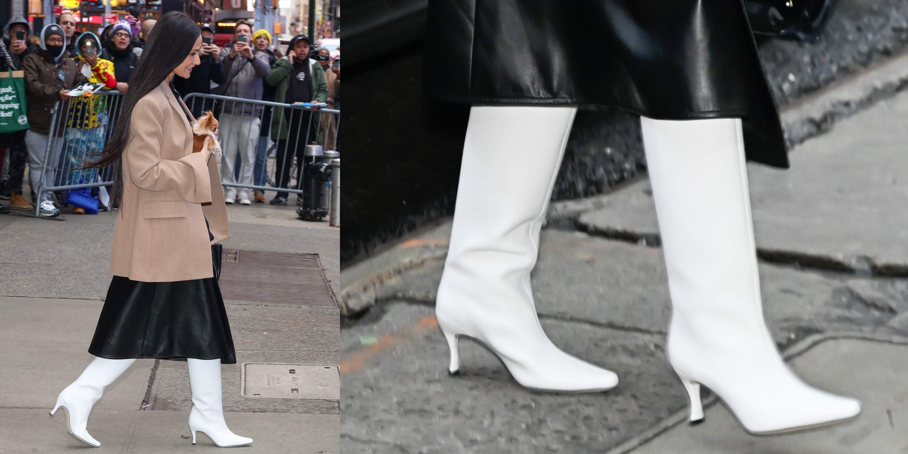 Actor Demi Moore walks with her chihuahua across a street in NYC while wearing a tan blazer and white boots