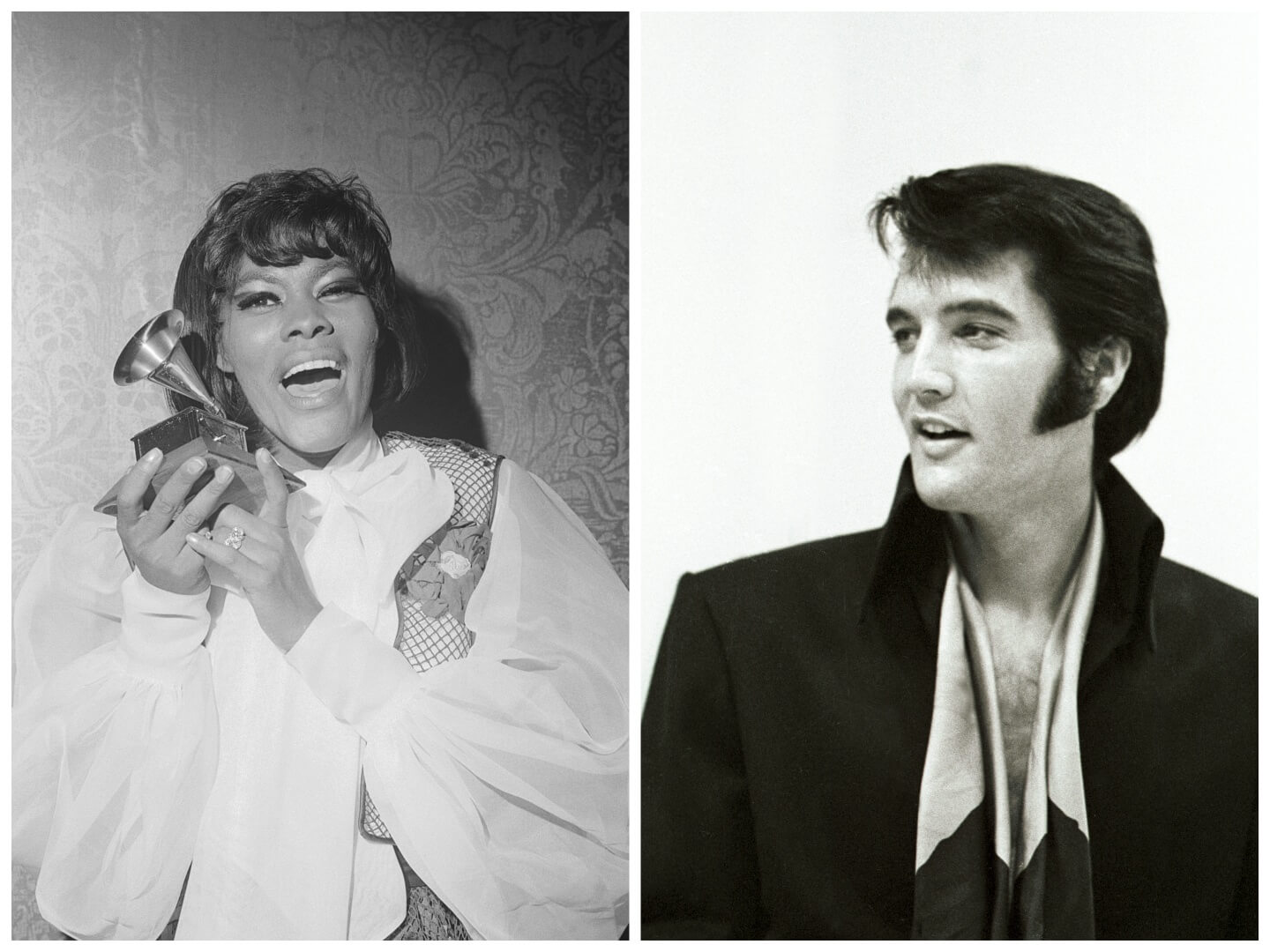 A black and white picture of Dionne Warwick holding a Grammy award. Elvis wears a black jacket and turns his head to the side.