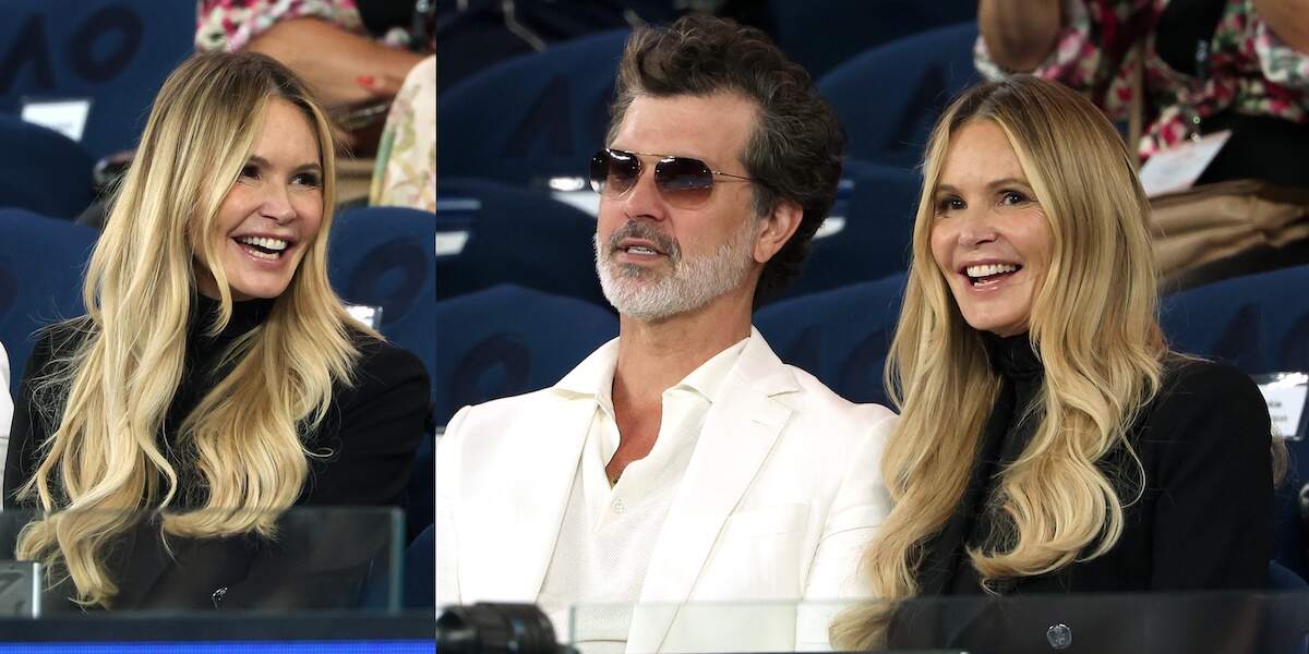 Doyle Bramhall and Elle Macpherson laugh as they watch the 2024 Australian Open from the stands