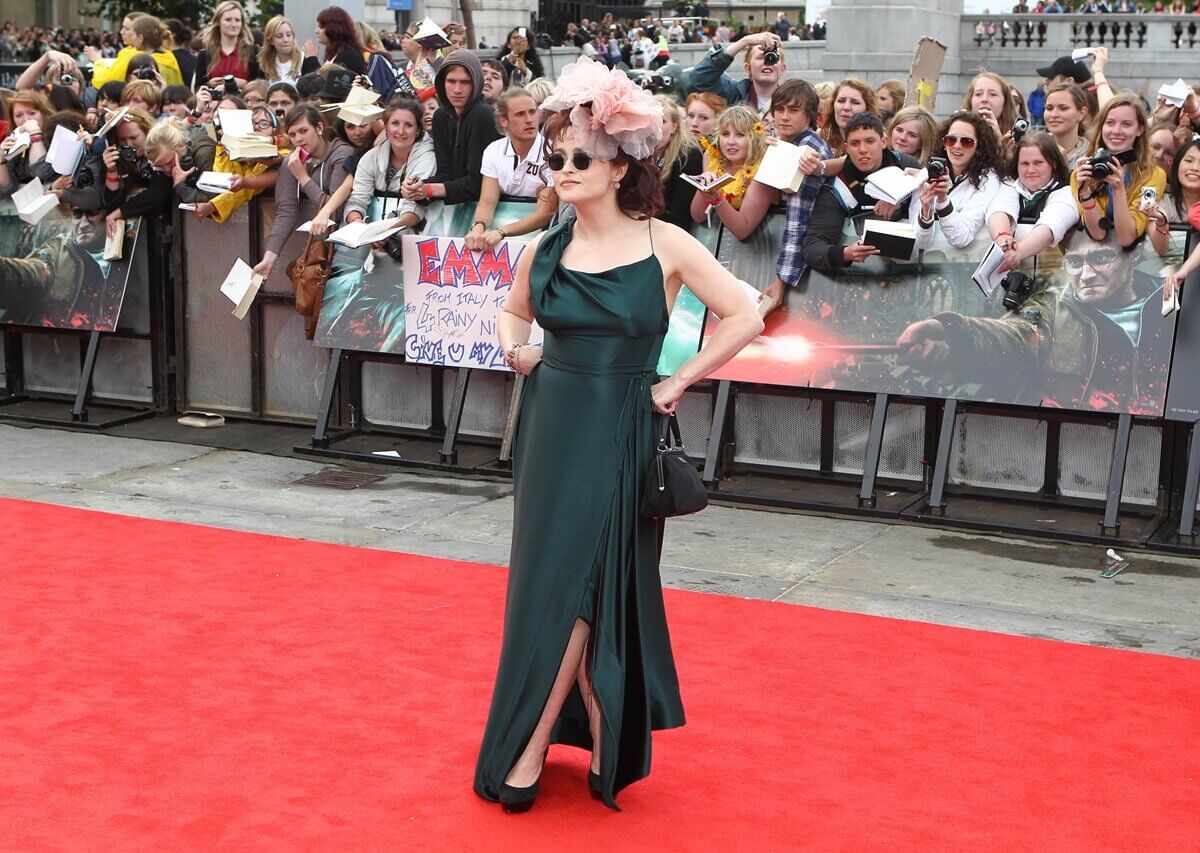 Helena Bonham Carter posing in a green dress at the premiere of 'Harry Potter and the Deathly Hallows'.