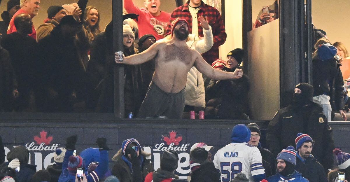 Jason Kelce #62 of the Philadelphia Eagles celebrates after the Kansas City Chiefs score a touchdown during the first half of the AFC Divisional Playoff game against the Buffalo Bills at Highmark Stadium