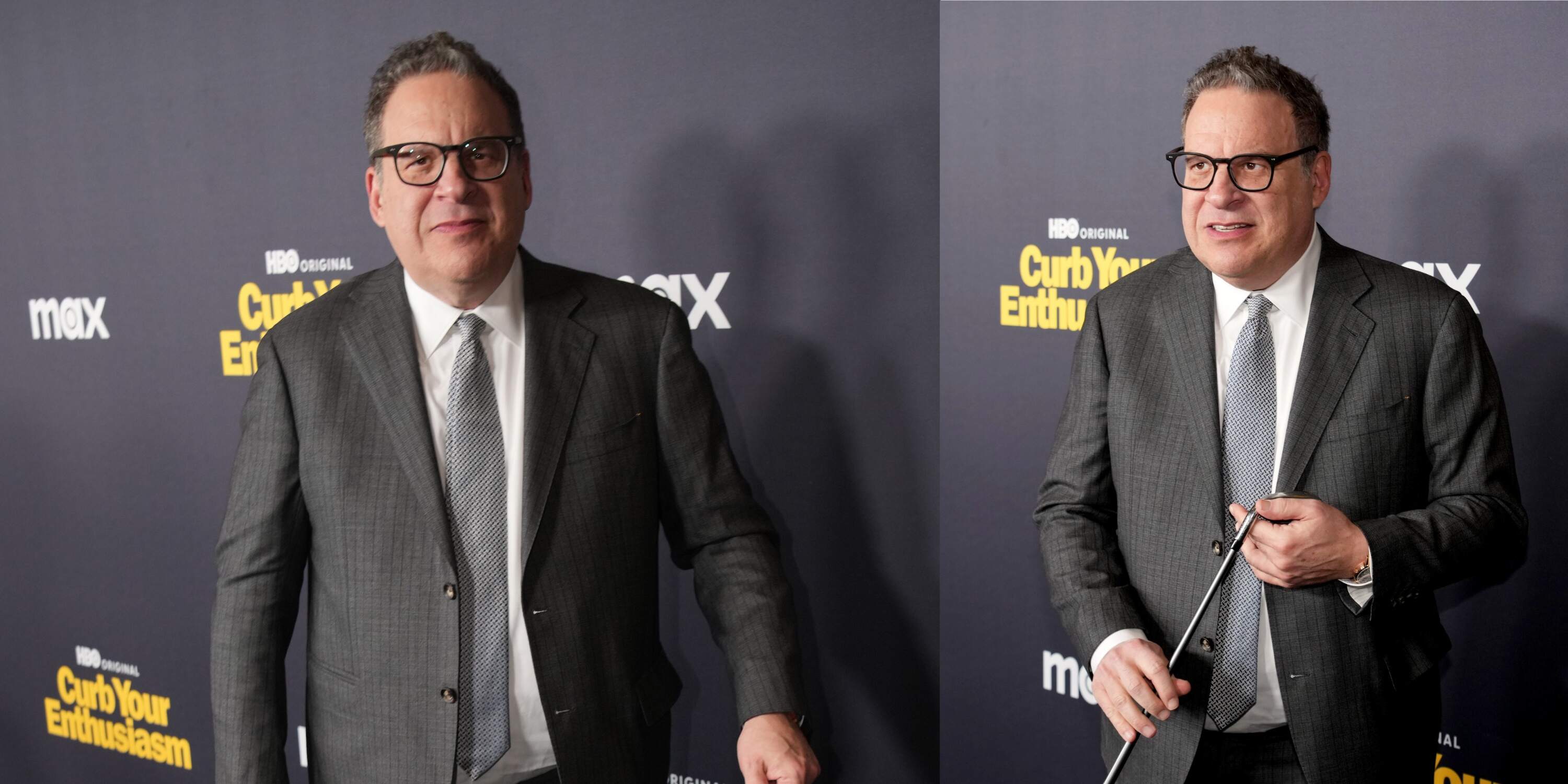 Curb Your Enthusiasm star Jeff Garlin holds a golf club like a cane while walking the red carpet