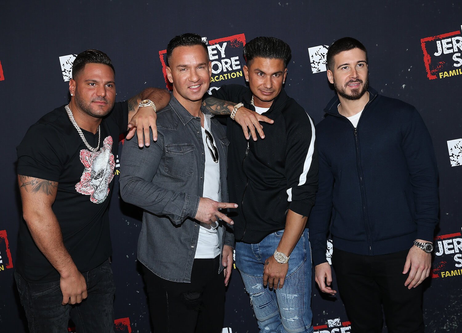 Ronnie Ortiz-Magro, Mike 'The Situation' Sorrentino, Paul 'Pauly D' DelVecchio, and Vinny Guadagnino attend the 'Jersey Shore: Family Vacation' premiere