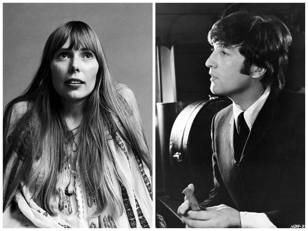 A black and white picture of Joni Mitchell sittingand leaning back on her arms. John Lennon sits in side profile.