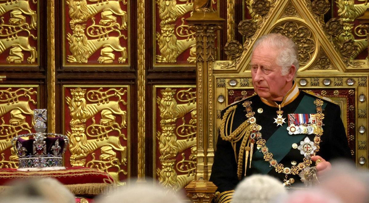 King Charles III sits by the Imperial State Crown as he delivers the Queen’s Speech during the state opening of Parliament at the House of Lords