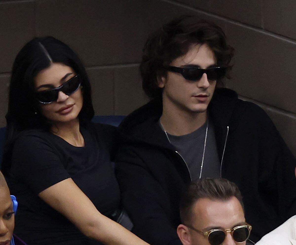 Kylie Jenner and Timothée Chalamet look on during the US Open 2023 Men's Singles Final match