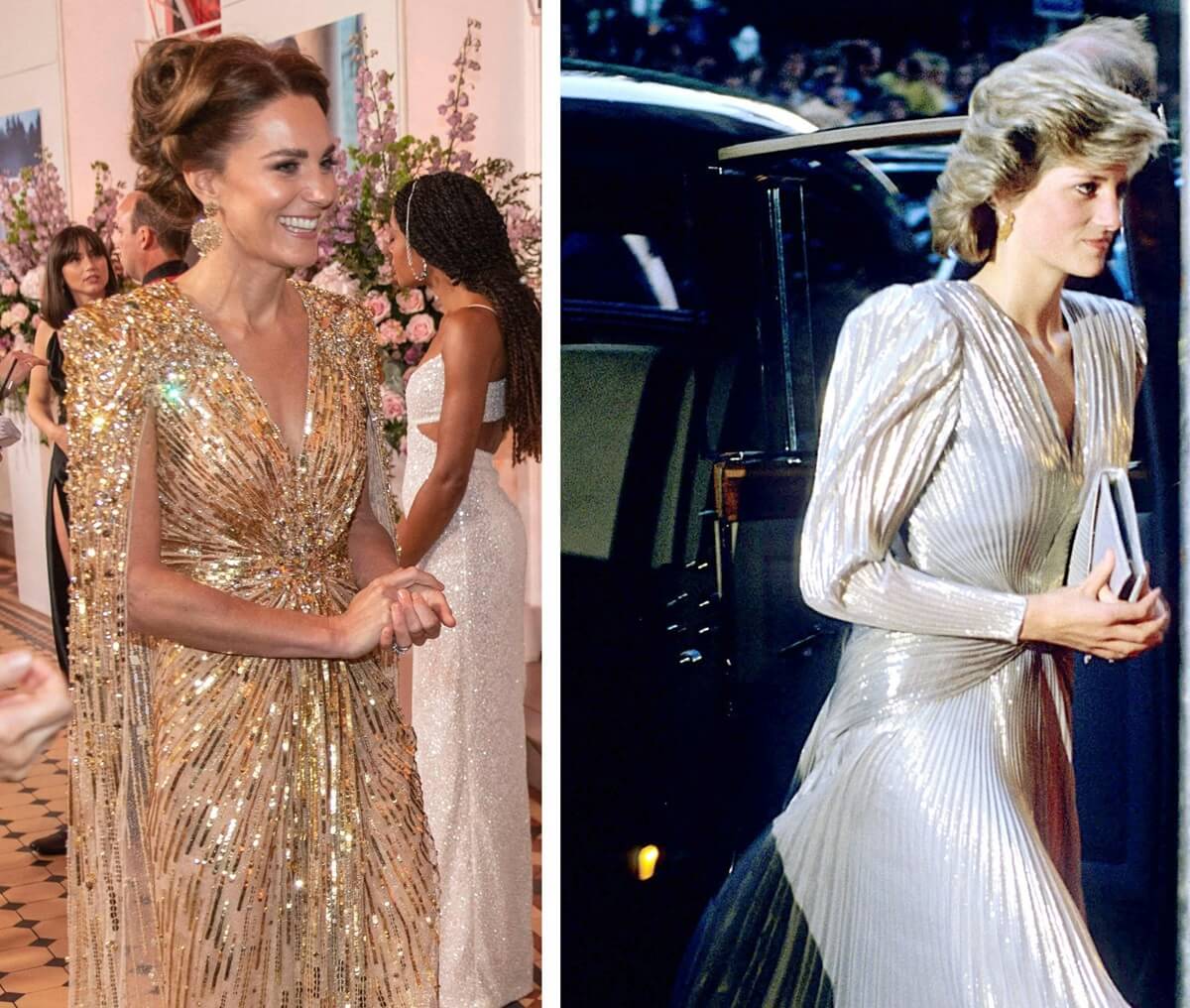(L) Kate Middleton attends the World Premiere of the James Bond 007 film No Time to Die, (R) Princess Diana attends the premiere of the James Bond film 'A View To a Kill'