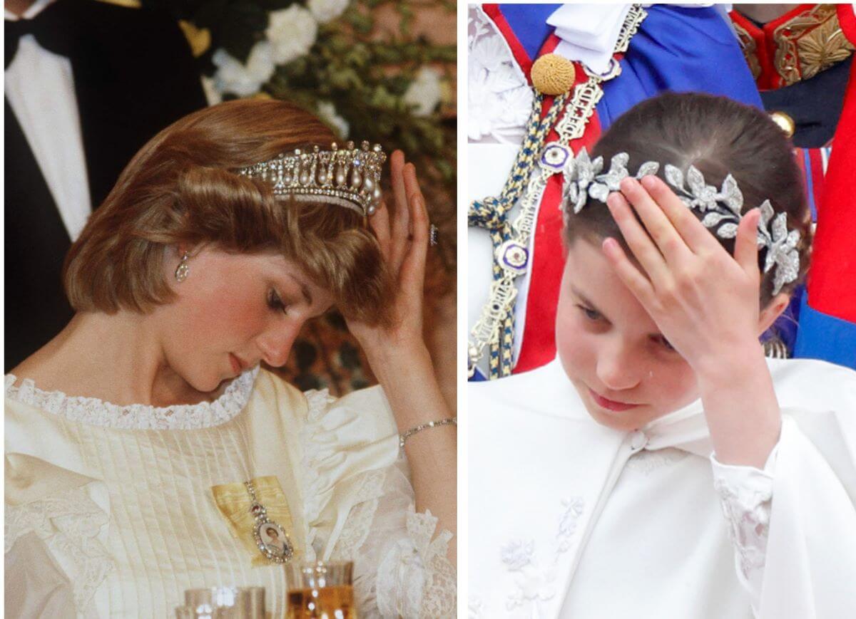 (L) Princess Diana adjusting her tiara during at a dinner reception in New Zealand, (R) Princess Charlotte adjusting her flower headband on the Buckingham Palace balcony after King Charles' coronation
