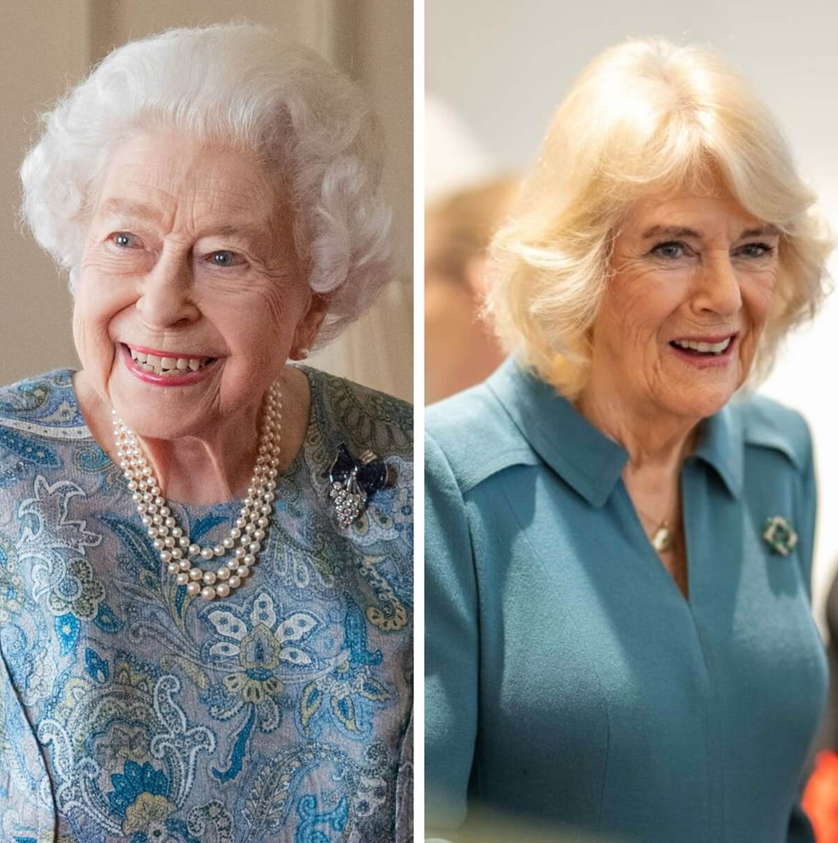 (L) Queen Elizabeth II holding an audience with President of Switzerland, (R) Queen Camilla during her visit to Maggie's new cancer support center in London