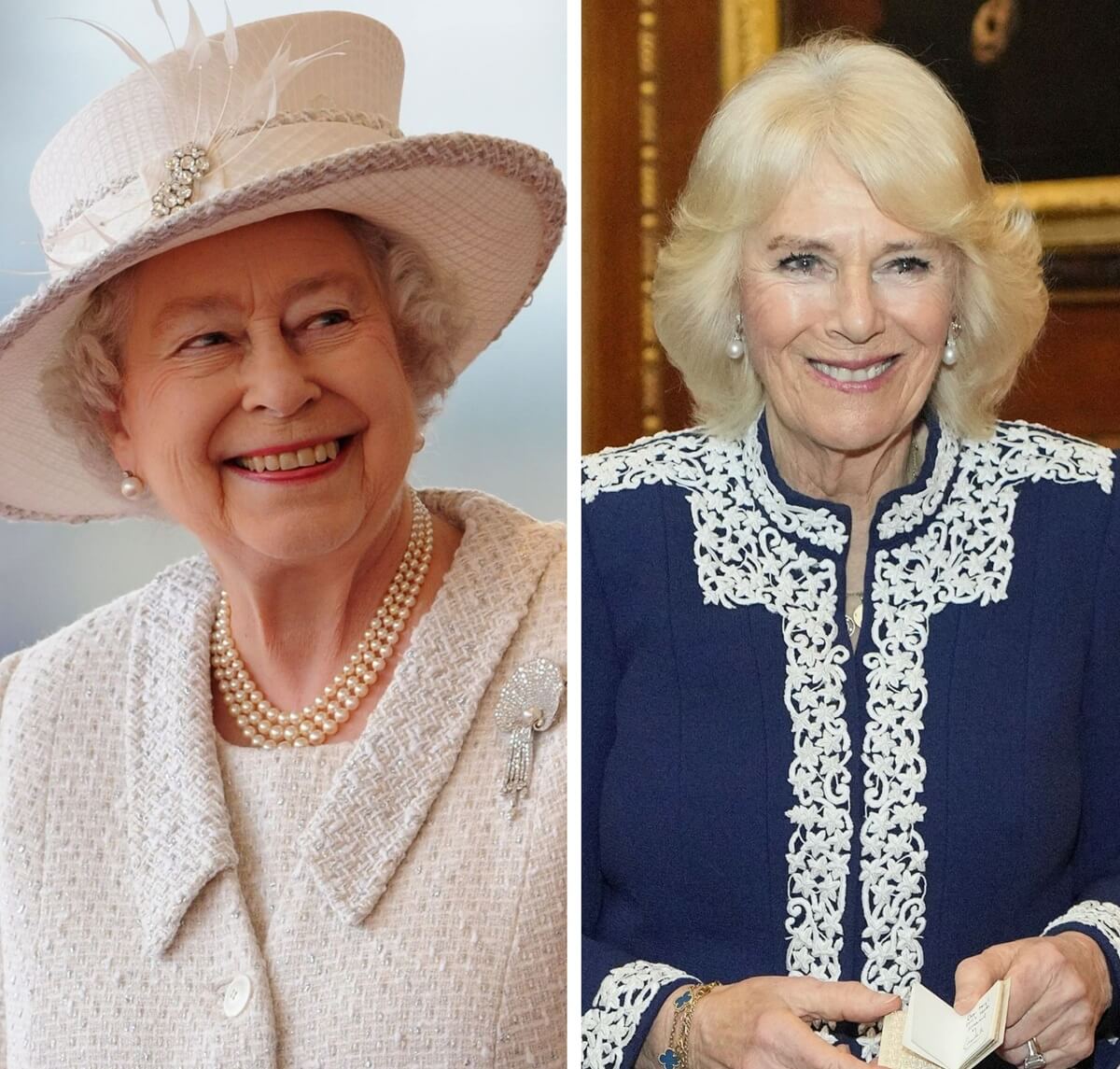 (L) Queen Elizabeth at an official welcoming ceremony for Turkey's president, (R) Queen Camilla holds a reception for authors at Windsor Castle