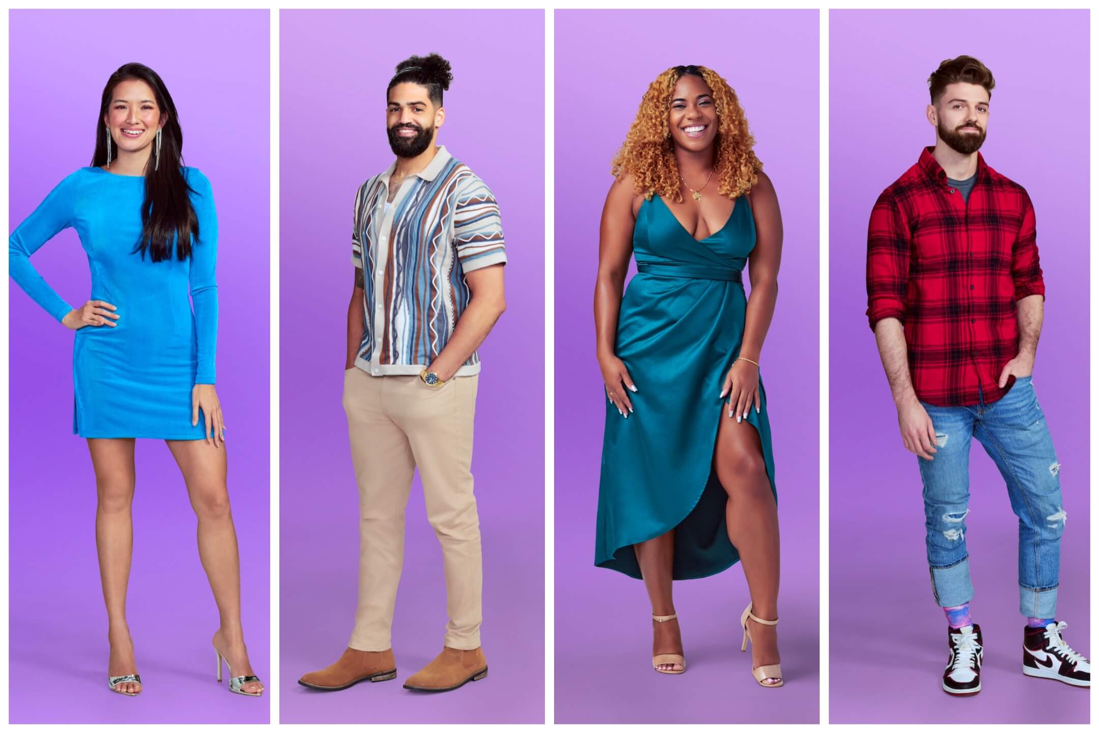 4 Love Is Blind Season 6 cast members on a purple background
