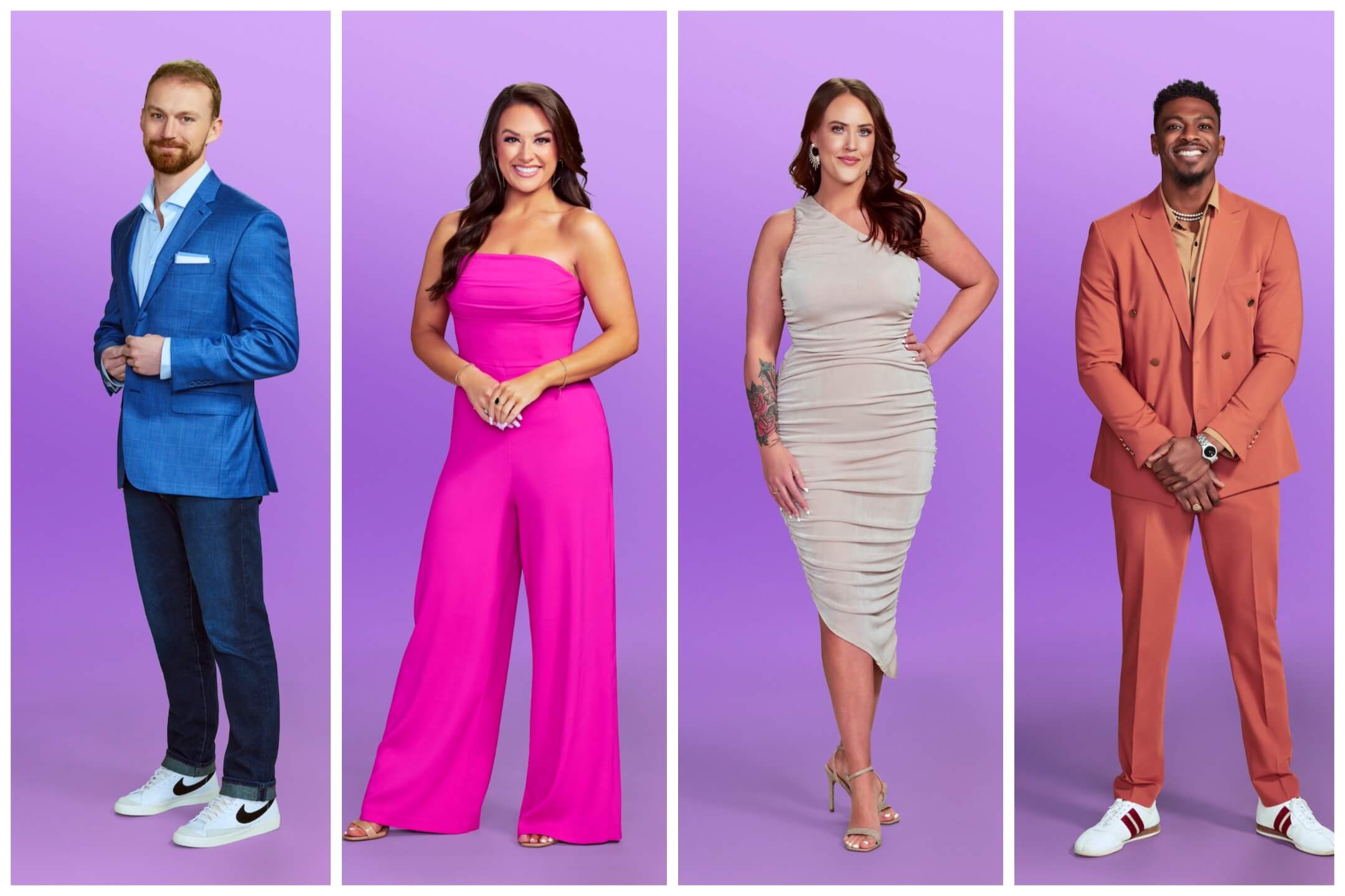 4 Love Is Blind Season 6 cast members on a purple background