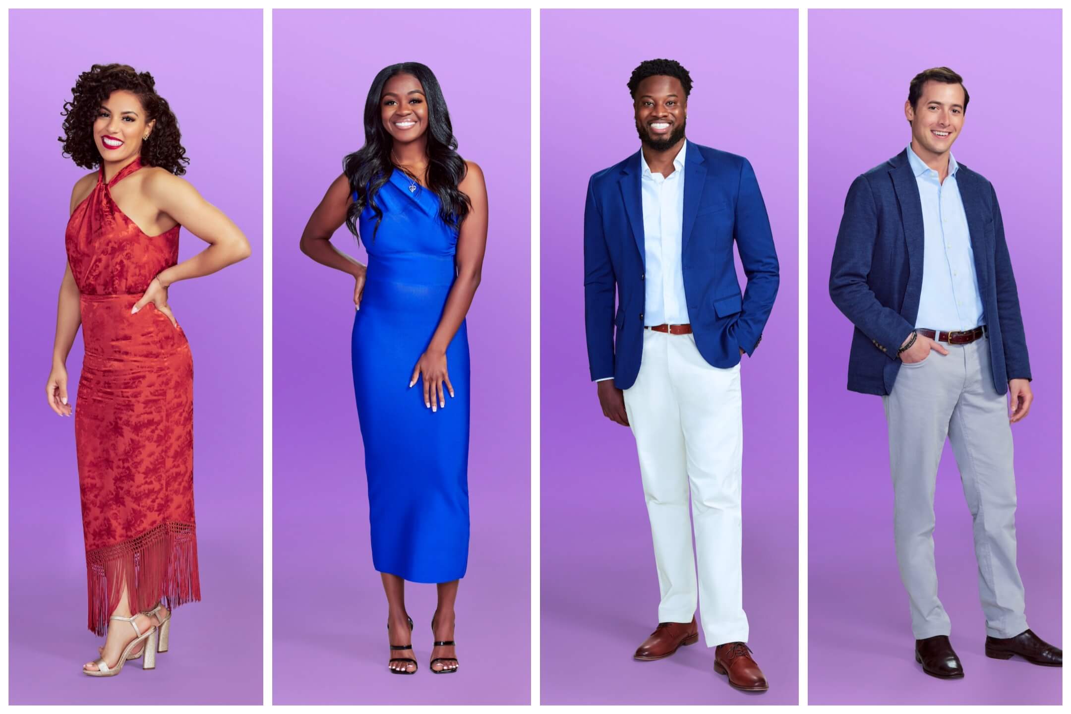 4 Love Is Blind Season 6 cast members on a purple background