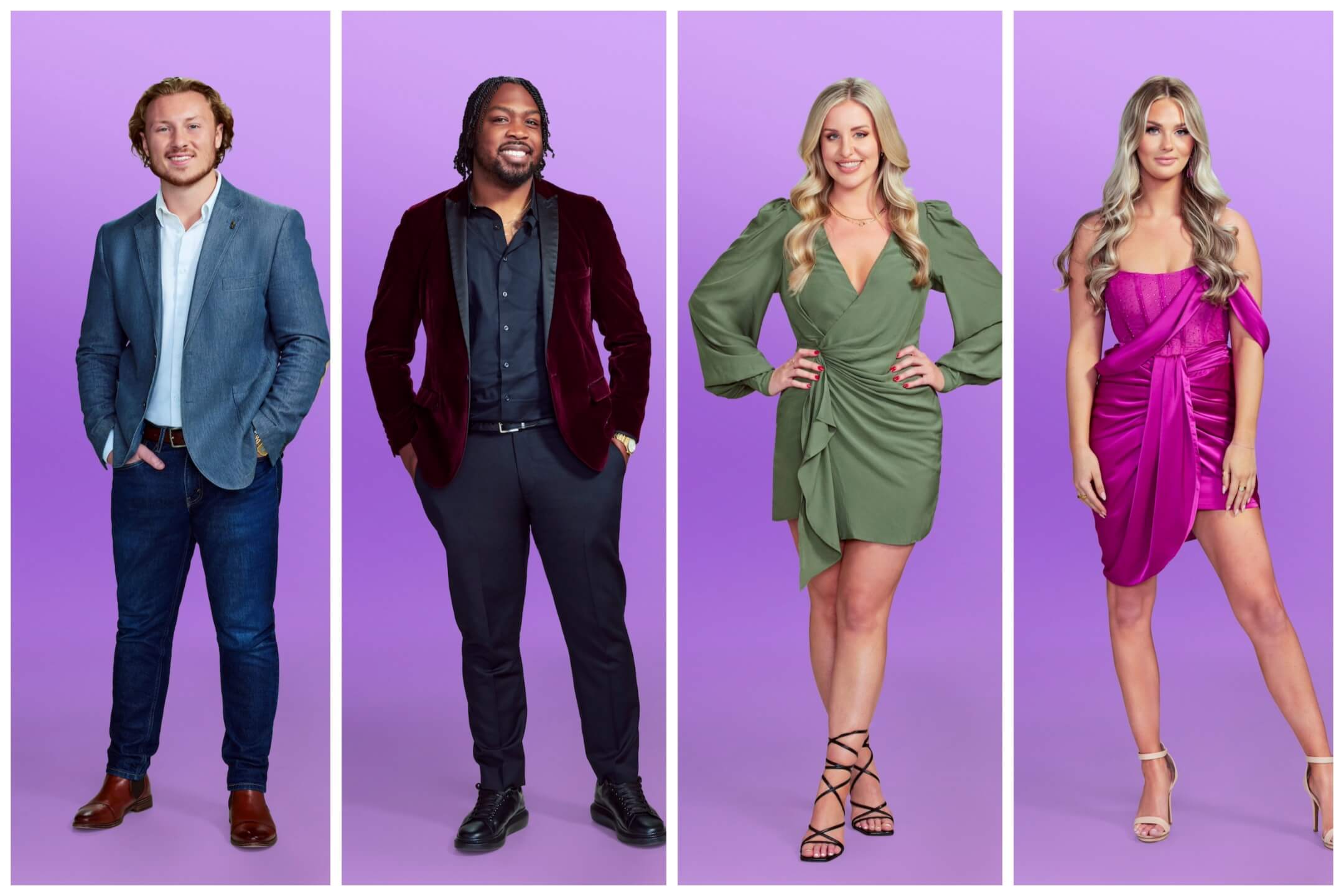 4 Love Is Blind Season 6 cast members on a purple background