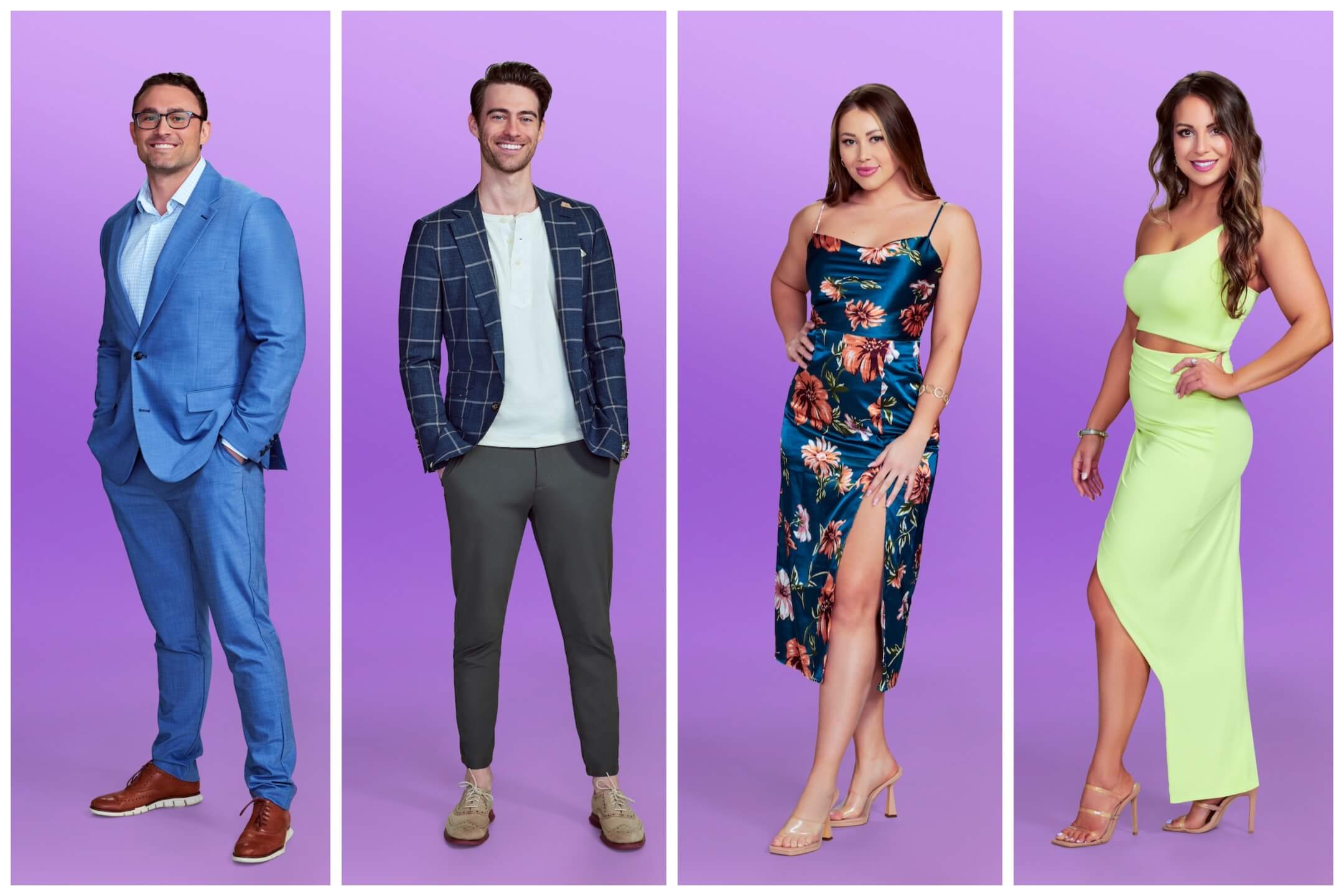 4 Love Is Blind Season 6 cast members on a purple background