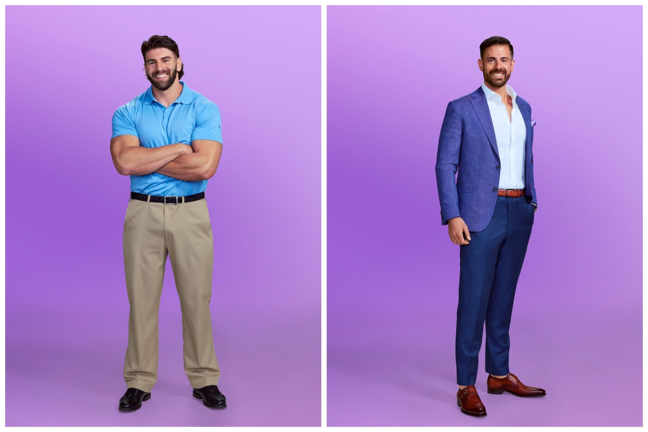 Two Love Is Blind Season 6 cast members on a purple background