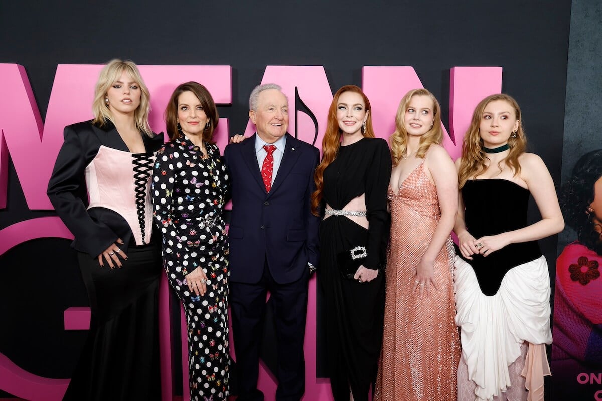 Renee Rapp, Tina Fey, Lorne Michaels, Angourie Rice, and Bebe Wood pose on the 'Mean Girls' red carpet
