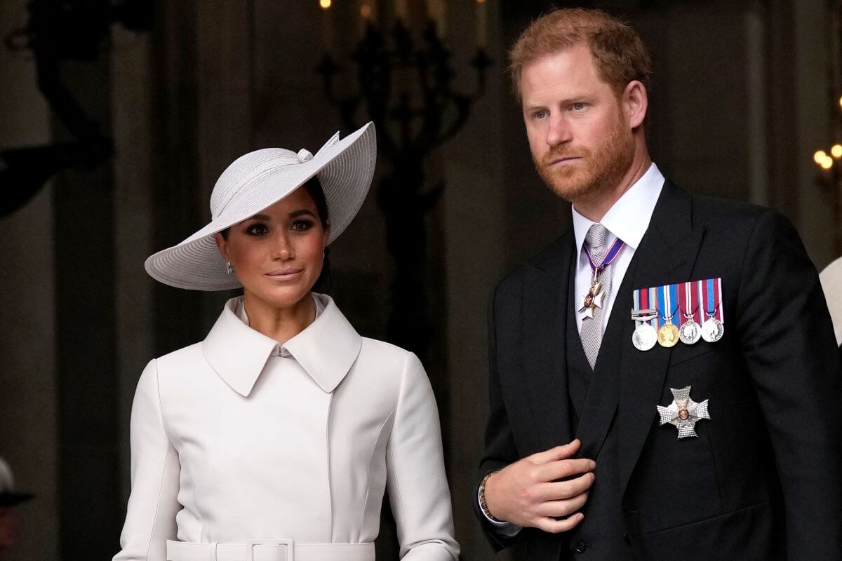 Meghan Markle and Prince Harry leave after a service of thanksgiving for the reign of Queen Elizabeth II at St Paul's Cathedral