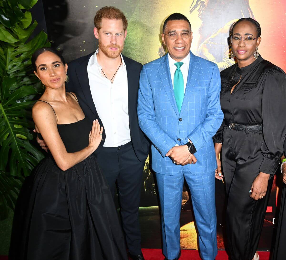 Meghan Markle and Prince Harry with Andrew Holness and his wife Juliet Holness at the premiere of 'Bob Marley One Love' in Kingston, Jamaica