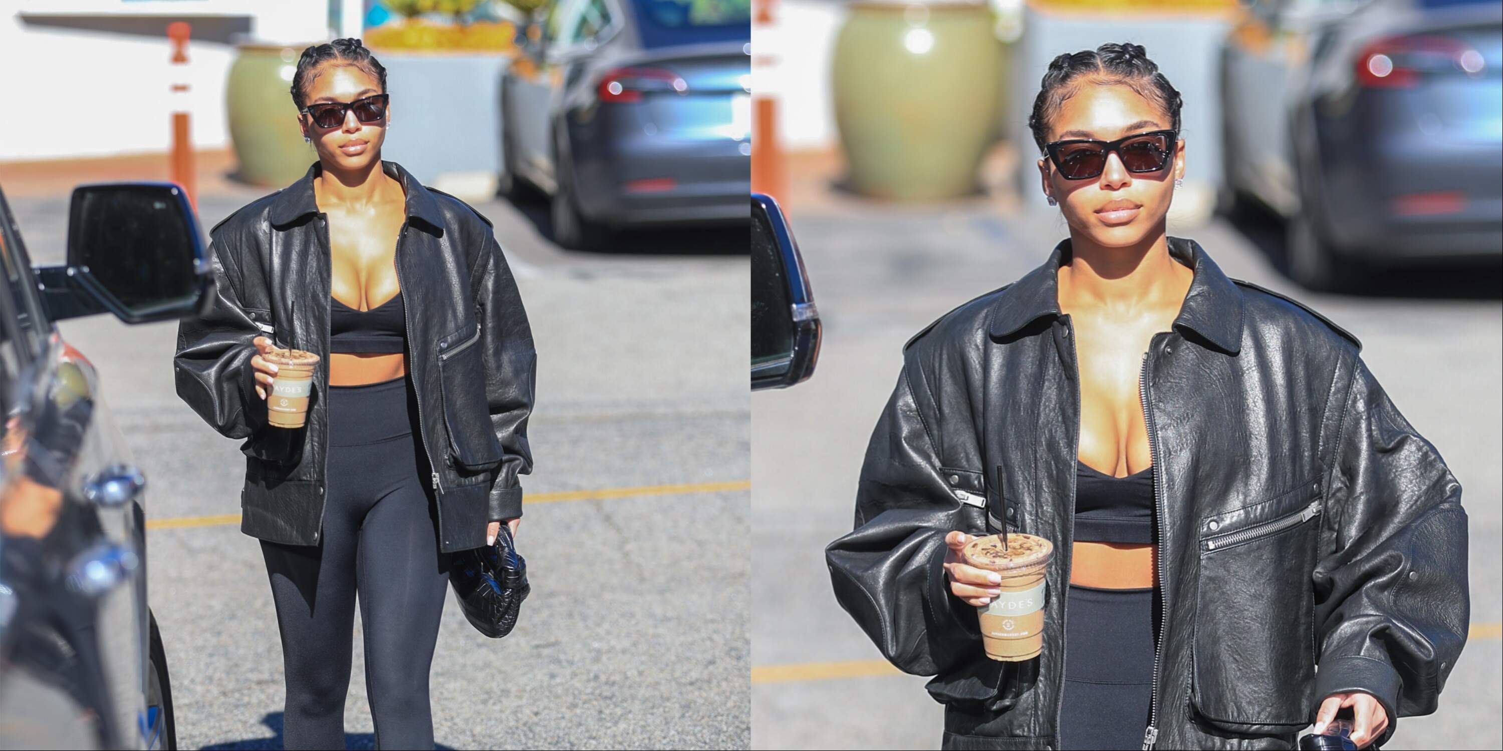 Model Lori Harvey picks up an iced coffee on a sunny day in LA while wearing a leather jacket and black leggings