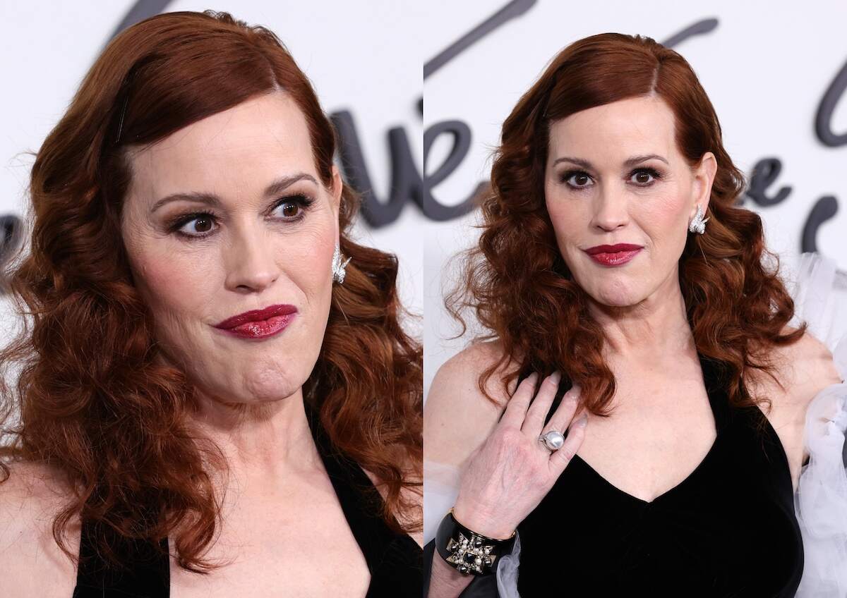 Actor Molly Ringwald shows off her diamond earrings, red wavy hair, and red lipstick as she poses for cameras on the red carpet in 2024