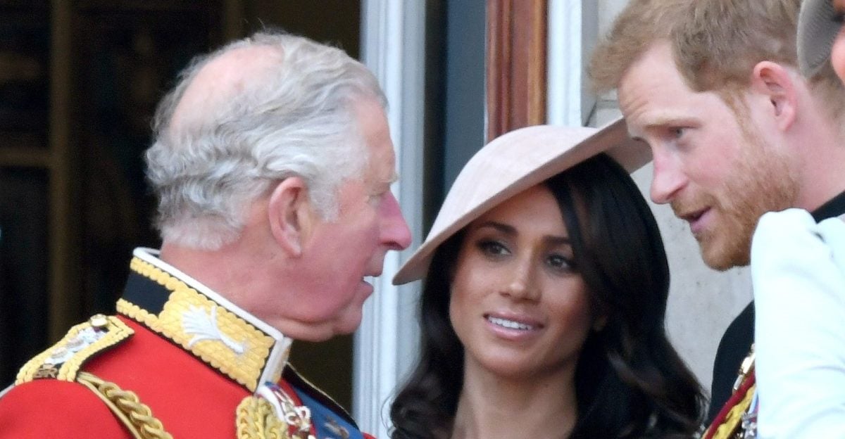 Now-King Charles, Meghan Markle, and Prince Harry on the balcony of Buckingham Palace during Trooping The Colour 2018