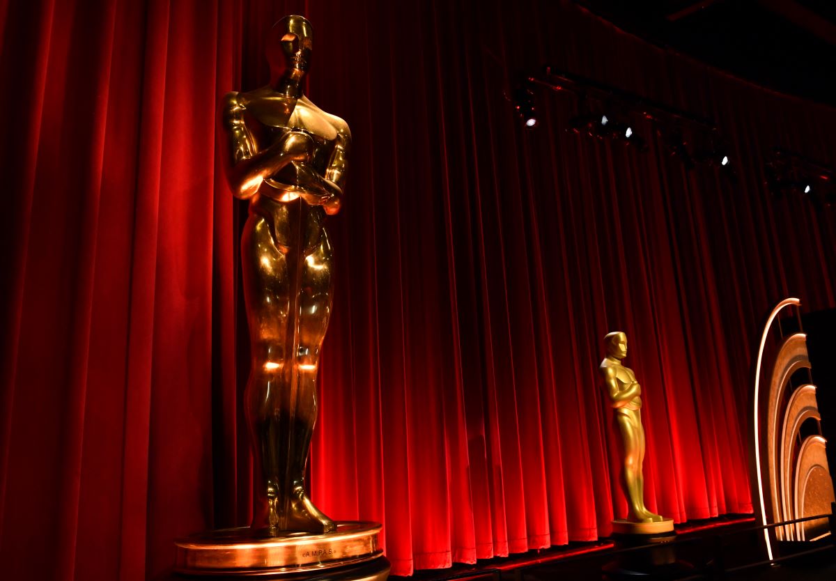 Oscar statues adorn the stage before the start of the the 96th Academy Awards nominations announcement on Jan. 23, 2024