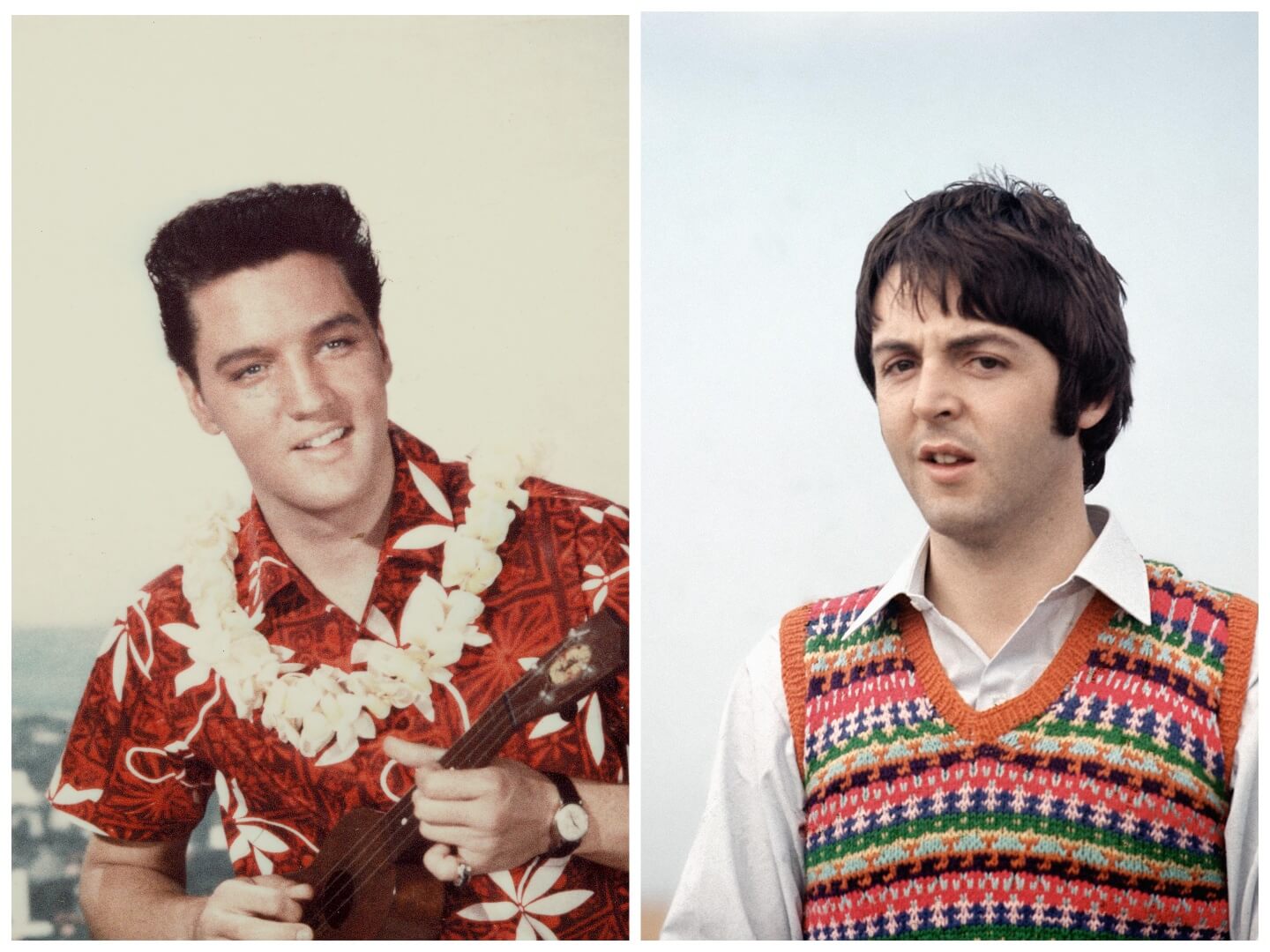 Elvis Presley wears a red shirt and a white lei. He holds a ukulele. Paul McCartney wears a white collared shirt and colorful sweater vest.