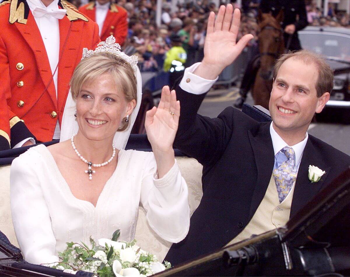 Prince Edward and Sophie Rhys-Jones (now the Duchess of Edinburgh) ride in a carriage procession around Windsor following their wedding