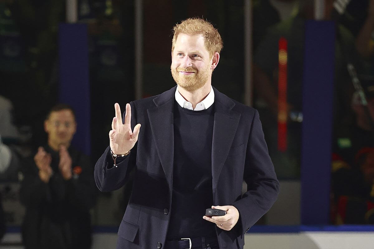 Prince Harry walks to centre ice before a ceremonial face-off during an NHL game