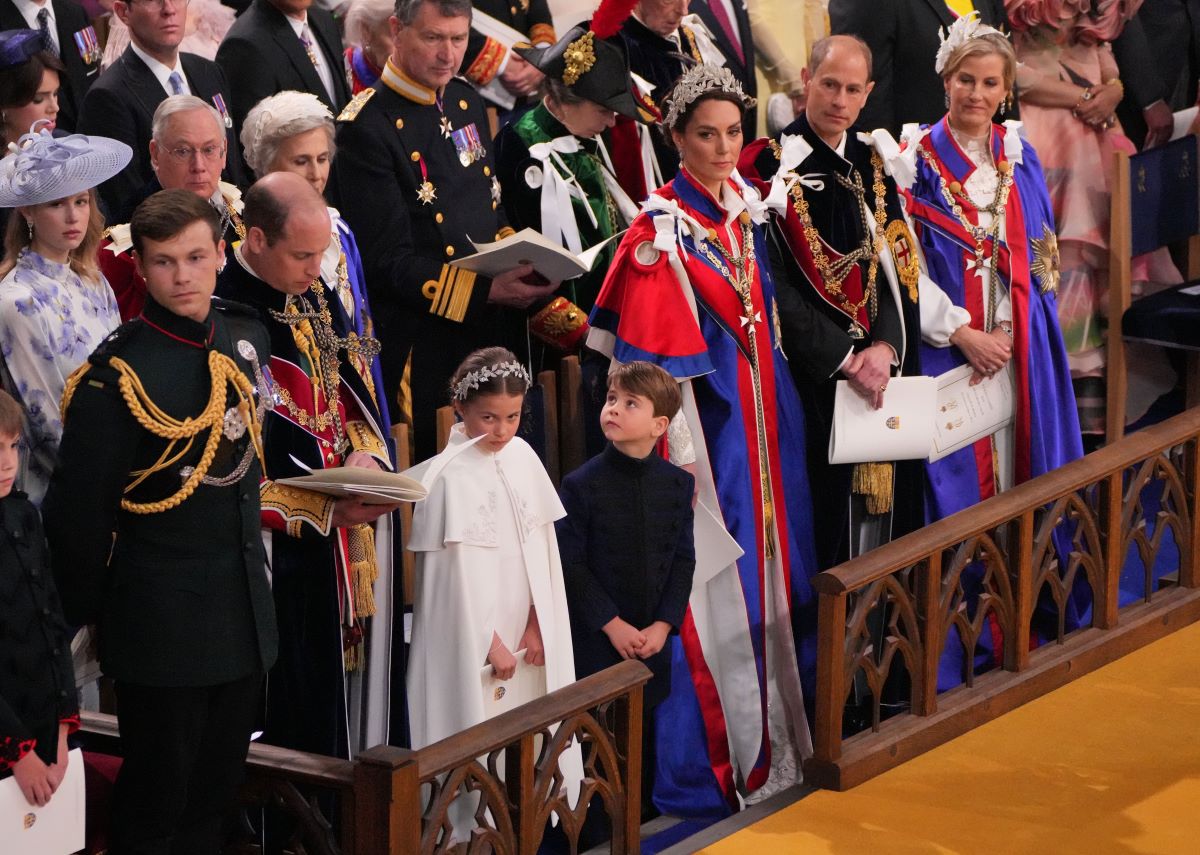 Prince William, Princess Charlotte, Prince Louis, and other members of the royal family at the coronation ceremony of King Charles III and Queen Camilla